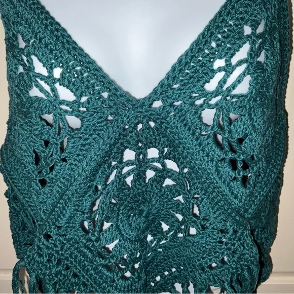 Hand Crafted Halter Crochet  Bohemian with Fringe Coverup  M/L Teal Green/Blue - Picture 6 of 11